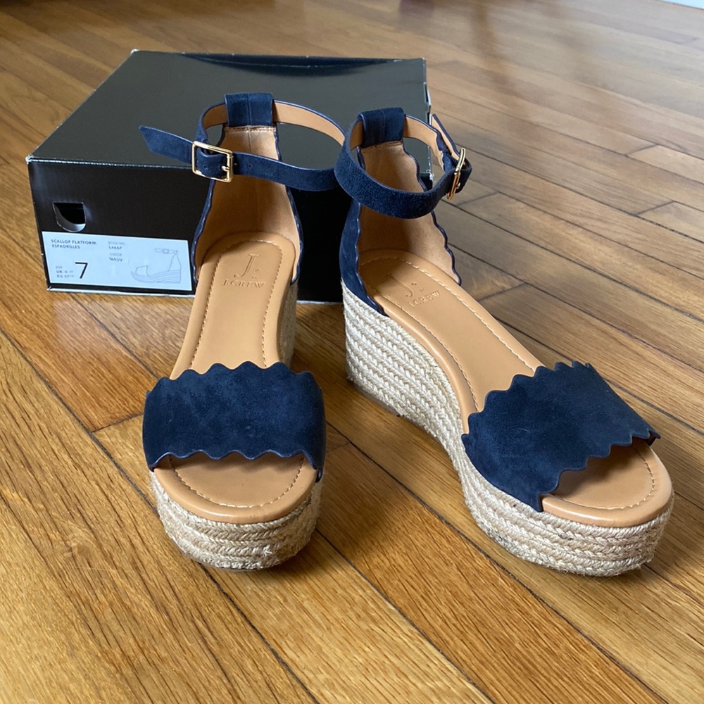 J by J Crew Scallop Platform Espadrilles. Navy, size 7